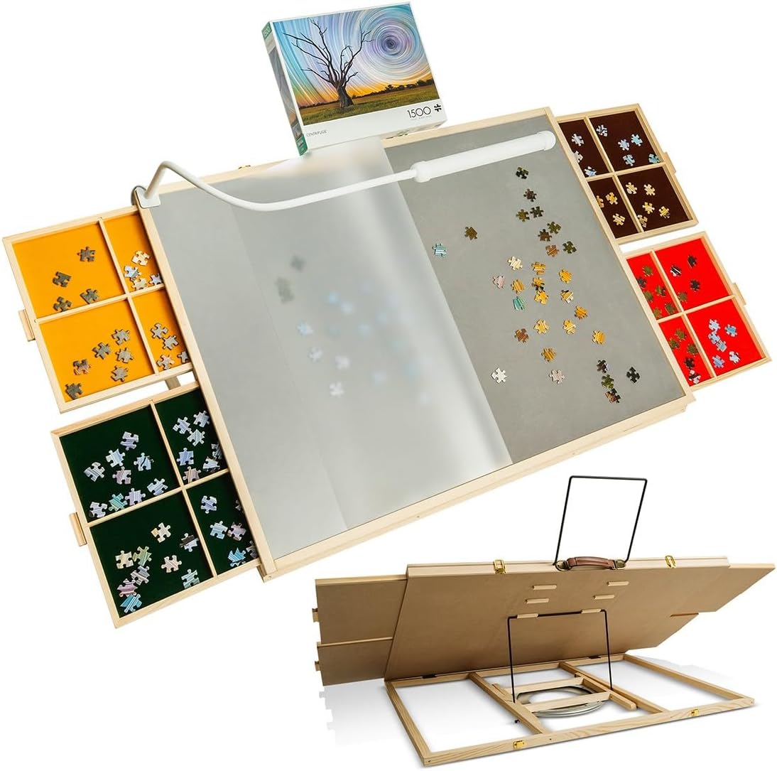 CLEAZY 1500-Piece Wooden Puzzle Table with 360° Rotating Lazy Susan, Adjustable Tilt Stand, 4 Storage Drawers & LED Lamp - Portable Board with Cover
