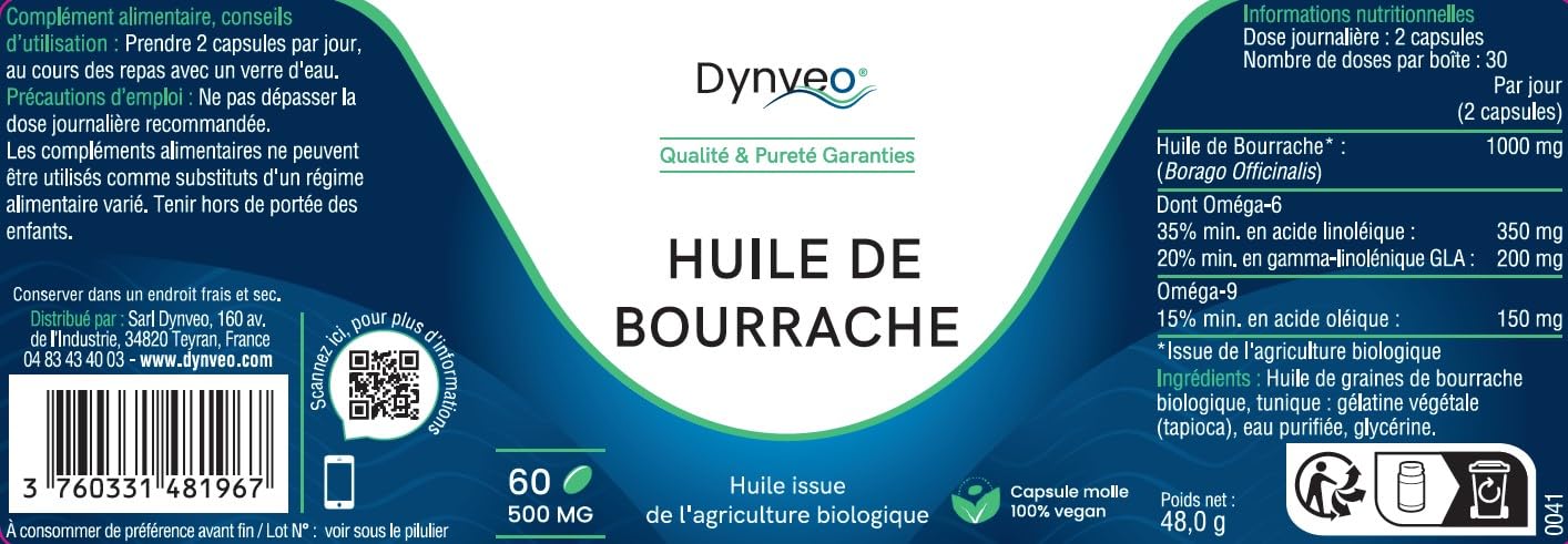 Huile de bourrache bio pure – huile de bourrache certifiée sans carraghénane et sans gélatine – 20% Acide gamma linolénique – 60 capsules (1mois)