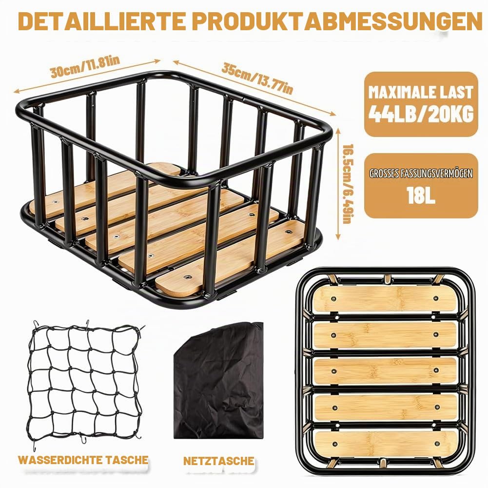 Fahrradkorb Hinten Stahl Gepäckträgerkorb Holzboden Cargo-Netz für E-Bike