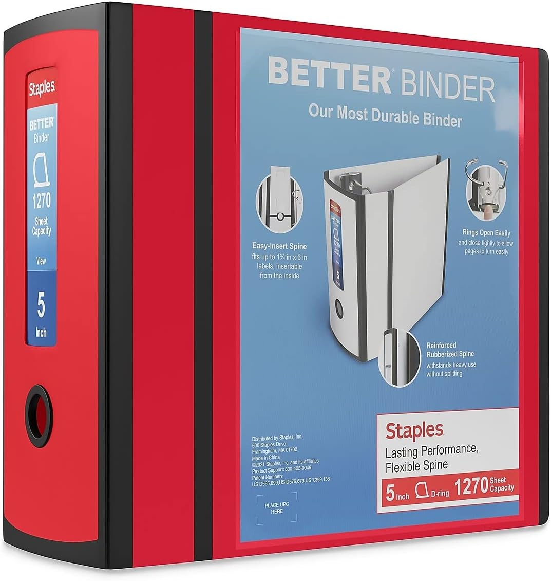 Staples Better Binder, 5" D‑Ring Heavy‑Duty View Binder, Red, Reinforced Spine, High‑Capacity 3‑Ring Binder, Holds up to 1,000 Sheets