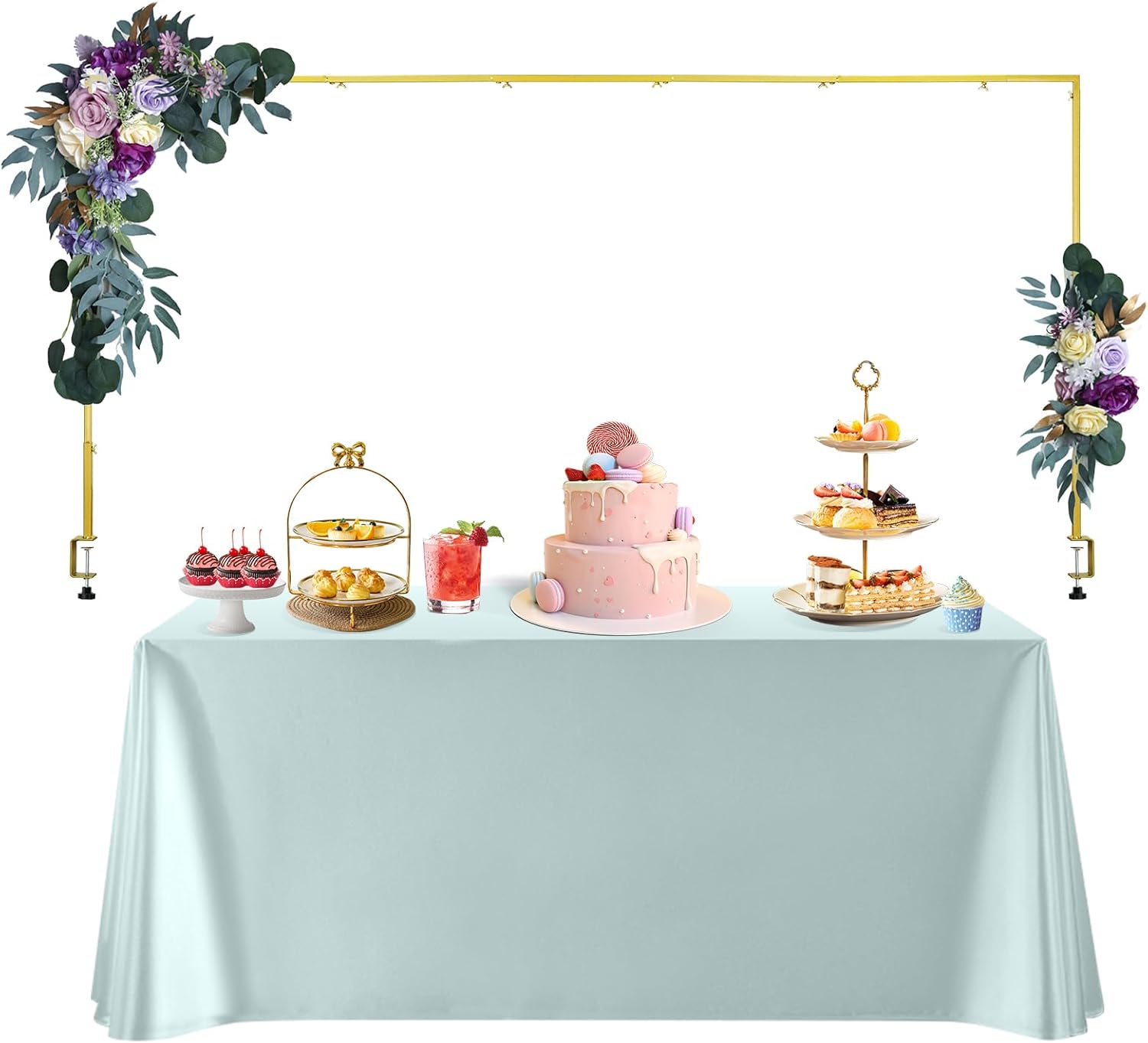 Over The Table Rod Stand with Clamps for Anniversary Christmas Wedding Birthday Party Decoration Gold Metal Adjustable Table Arch with Clamps 12″-39” Tall 47″-100″ Length