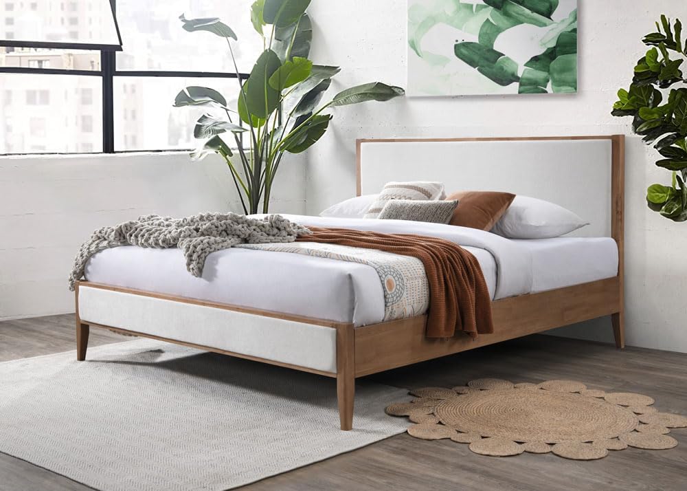 SAFAVIEH Couture Collection - Giuliano Natural Wood Frame Bed, Ivory Fabric Upholstered Headboard, RV King Size, No Box Spring Needed (SFV1804A-K)