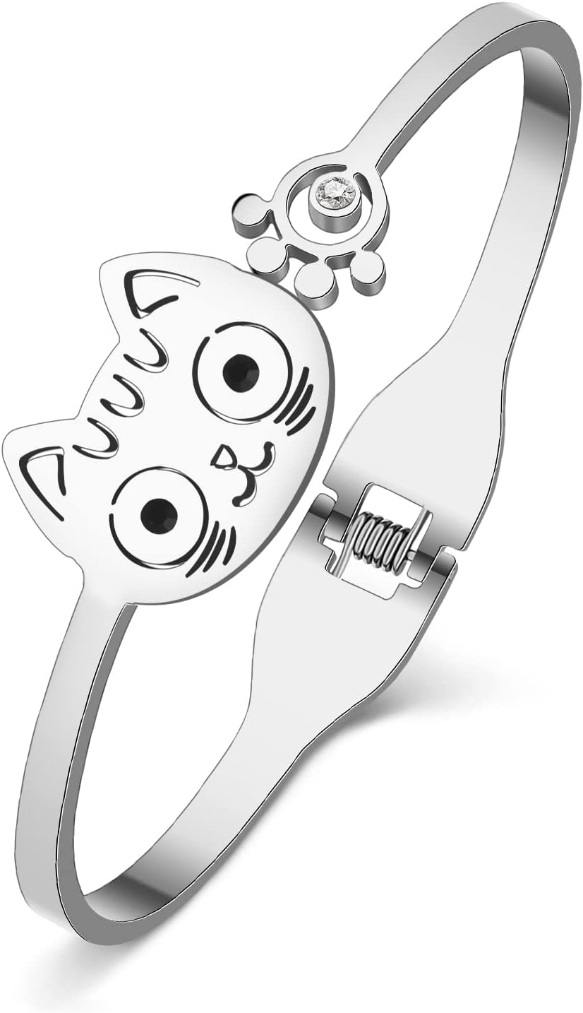 Stainless Steel 18K Gold Silver Plated Rhinestone Cute Cat Bangle Sweet Kitten Hollow Out Cuff Bracelets Fun Jewelry Gifts For Women Charms