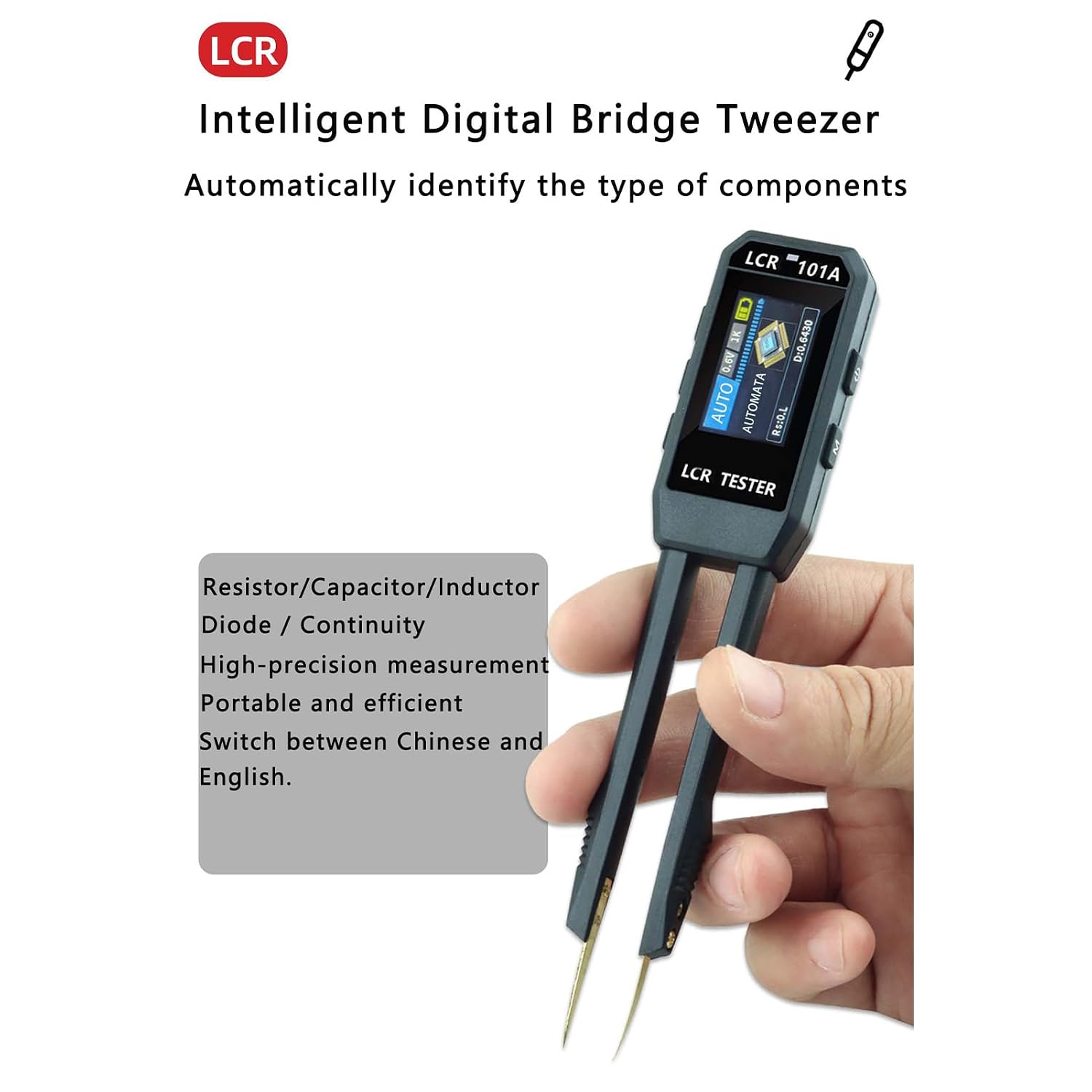 Karlak Meter SMD Tester Tweezers Component Tester Auto Sorting 10kHz 1kHz 100Hz 1.14 Inch Display with Type C Rechargeable Battery for Resistor Inductor Diode Capacitor