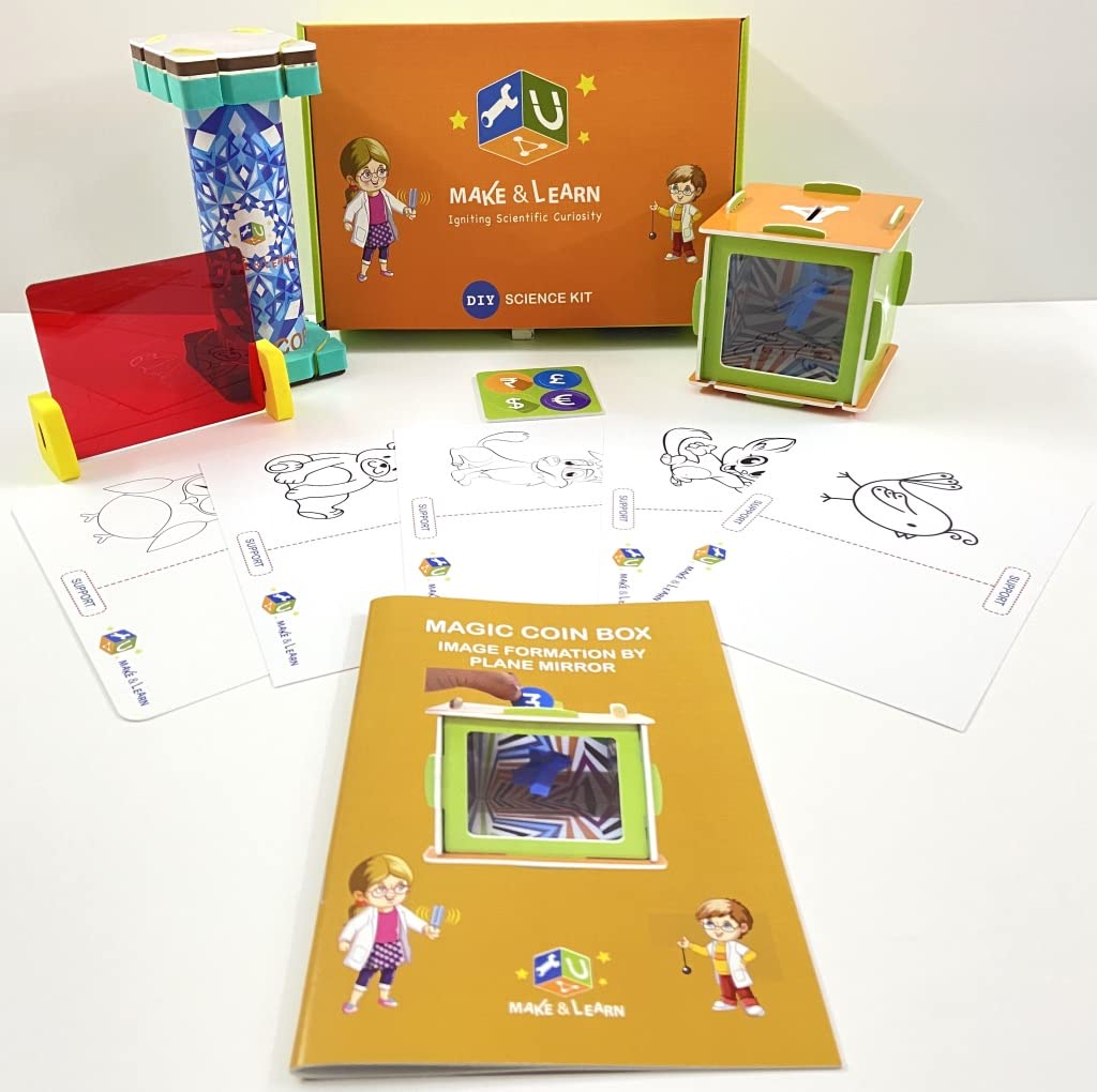 Optics of Mirrors 4 Science Activities in 1 Box Image Formation by a Plane Mirror and its Characteristics Magic Coin Box and Kaleidoscope DIY Activity Kits Experiments for Kids Age 8+