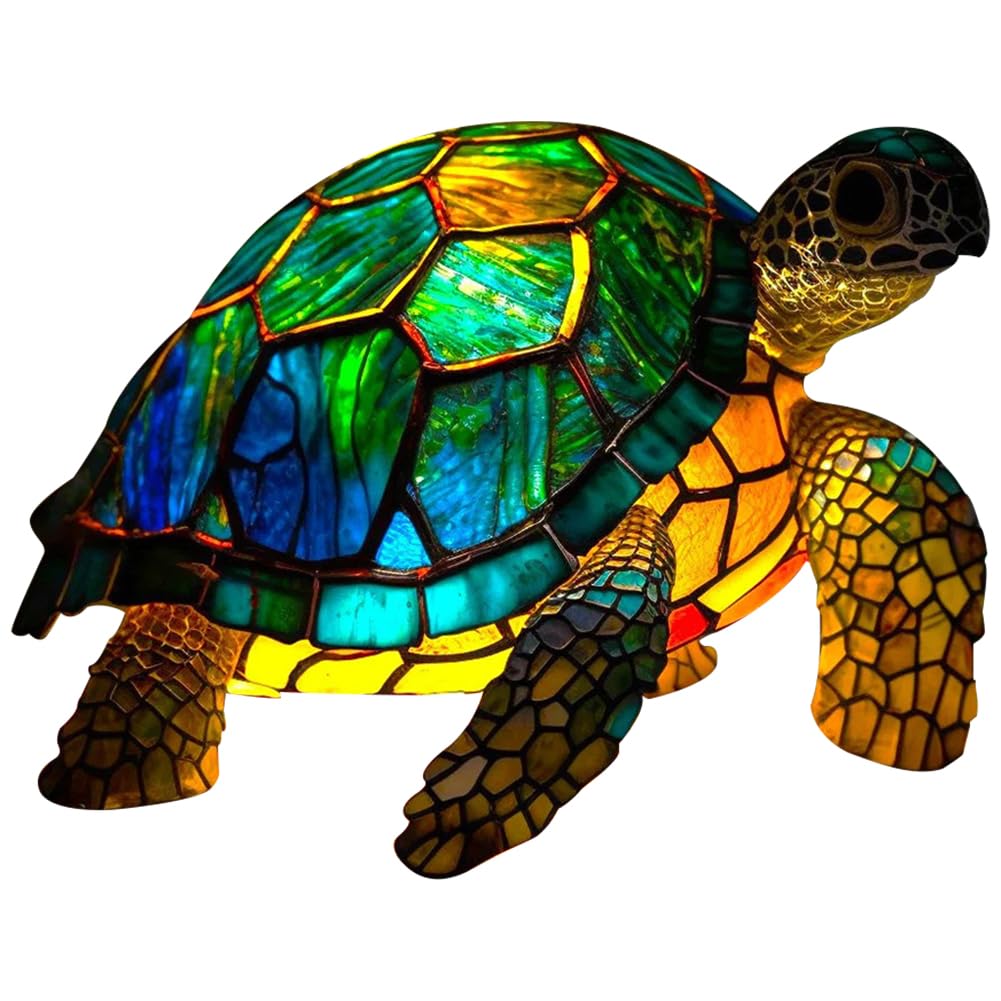 LYEAA Stained Glass Lamp Mermaid Sea Turtle Colored Glass Animal Series Table Night Light Lion Dolphin Wolf Stained Resin Animal Night Light Owl Horse Rooster Elephant for Living Room Bedro