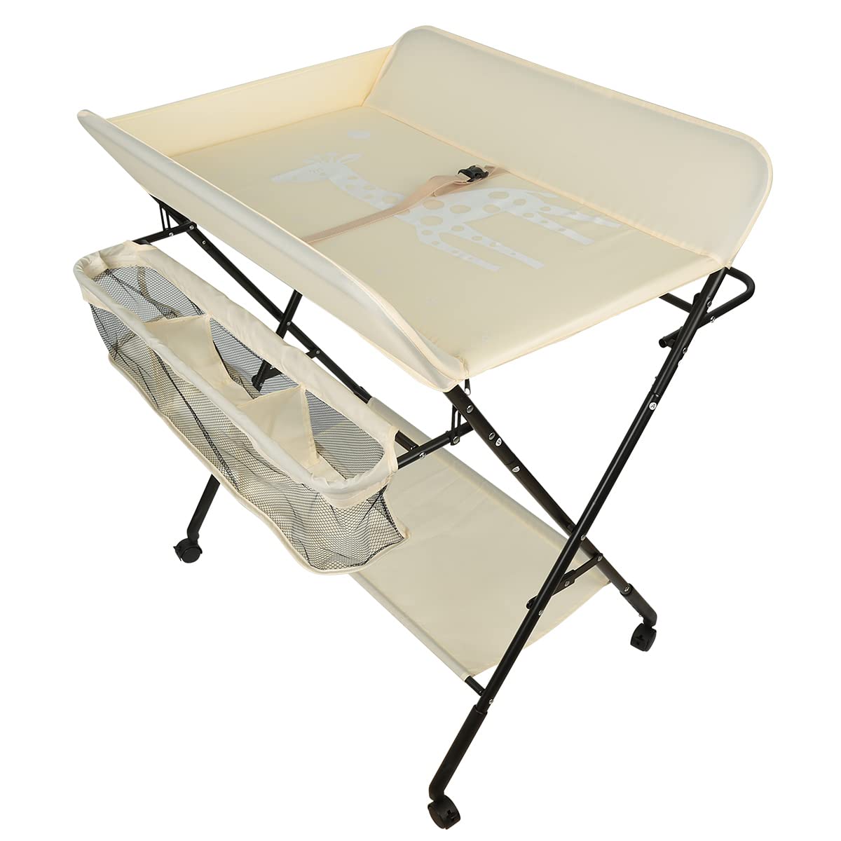 Cambiador de Bebé Plegable y Portátil, Cambiador de Pañales Plegable con Ruedas Cambiador de Bebé con Espacio de Almacenamiento y Estantes 80 * 66 * 98cm (beige)