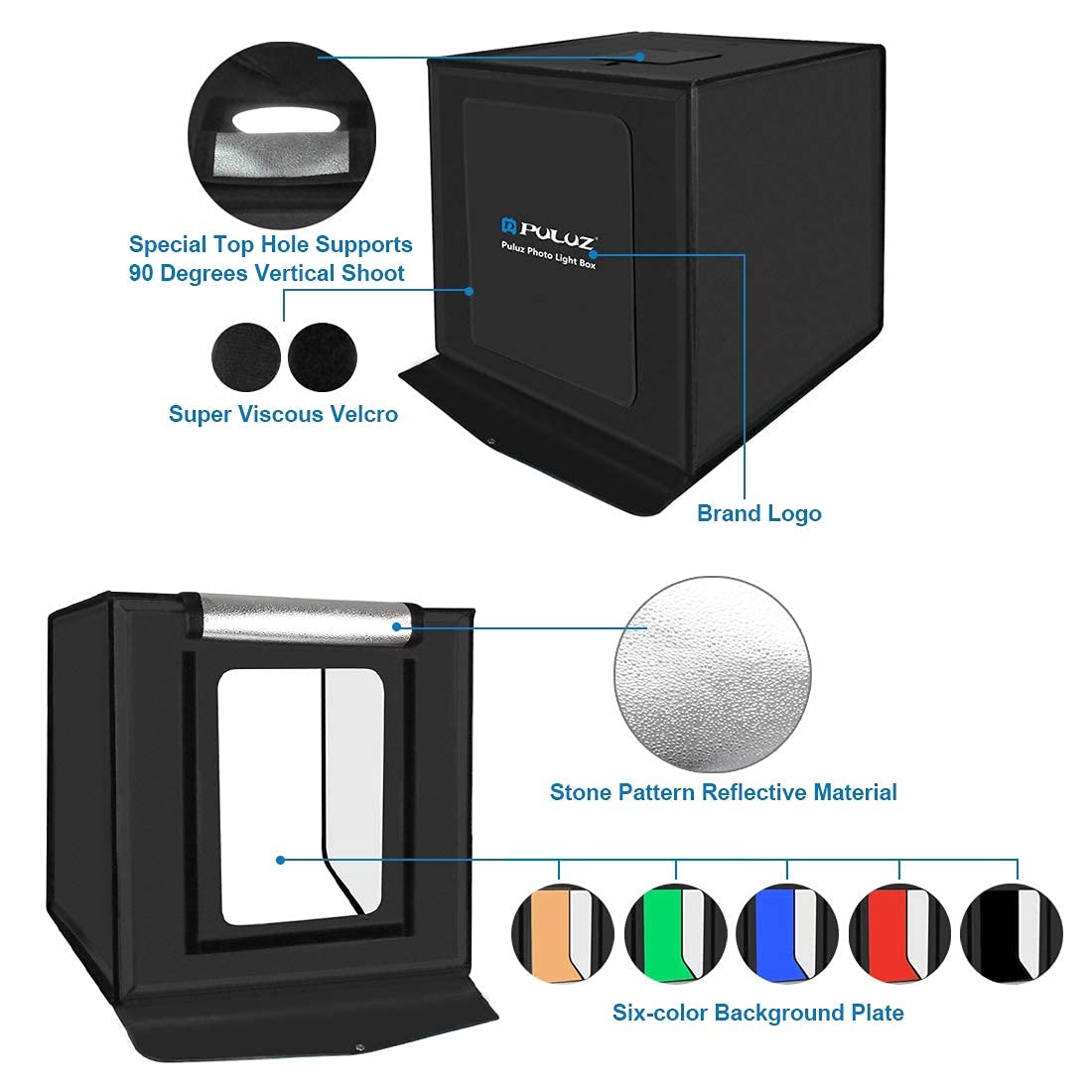 PULUZ Studio Fotografico Tenda 40CM Tenda da Studio Portatile Leggera per la Fotografia Vendita di Prodotti Aziendali Oline Pieghevole 2X 32 LED Light Box Photo Studio Kit con 6 Colori di Sfondo