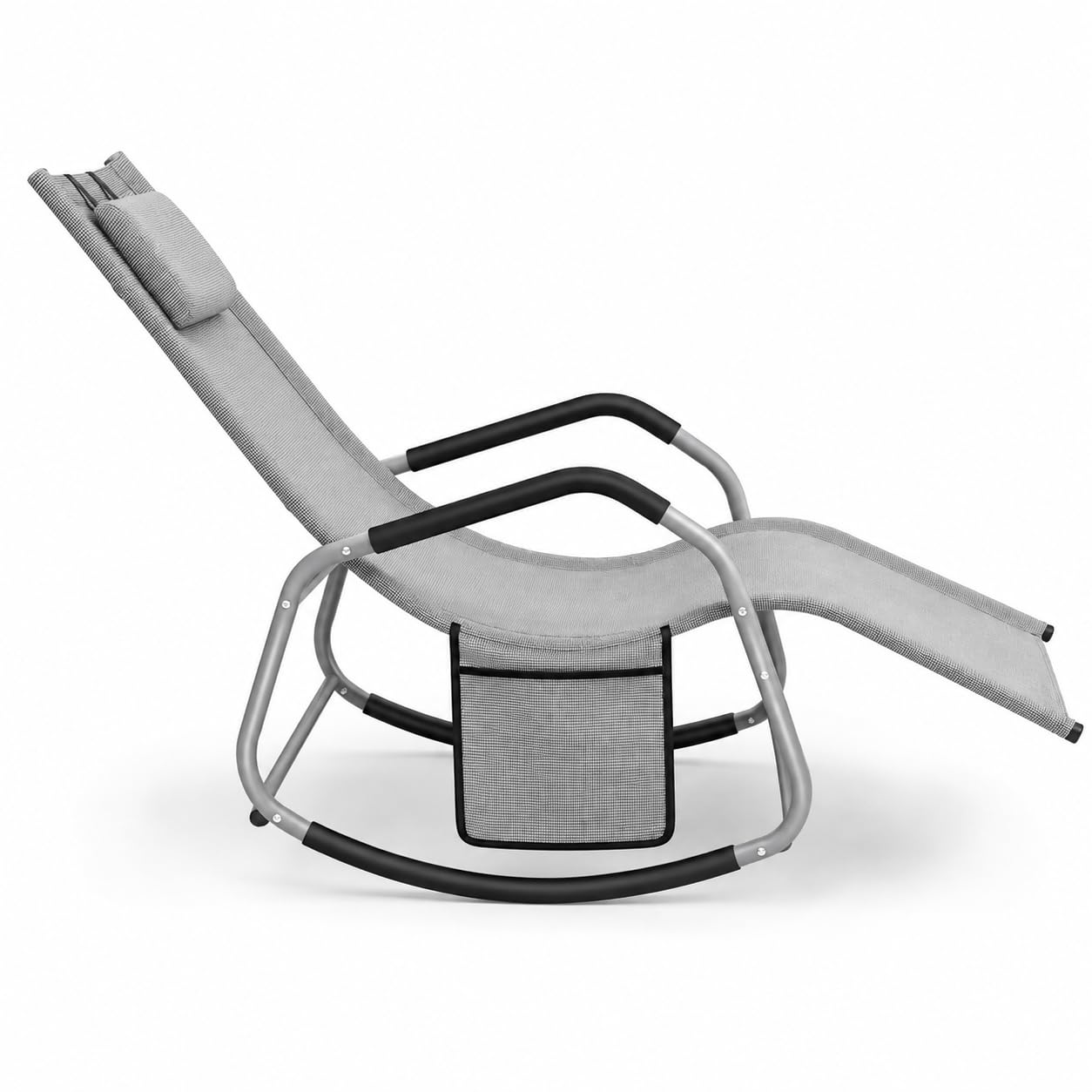 Sedia A Dondolo Ergonomica Da Esterno Con Cuscino Antiribaltamento E Tasca Laterale Sdraio Da Giardino Con Tela In Textilene E Telaio In Acciaio 151 x 56 x 90 Cm Grigio