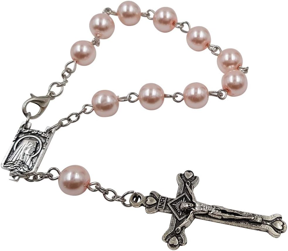 One Decade Auto Rosary for Rearview Mirror Pink Pearl Glass Beads Catholic Bracelet Our Lady of Lourdes Centerpiece Religious Gift Car Truck Travel Protection - Image 5