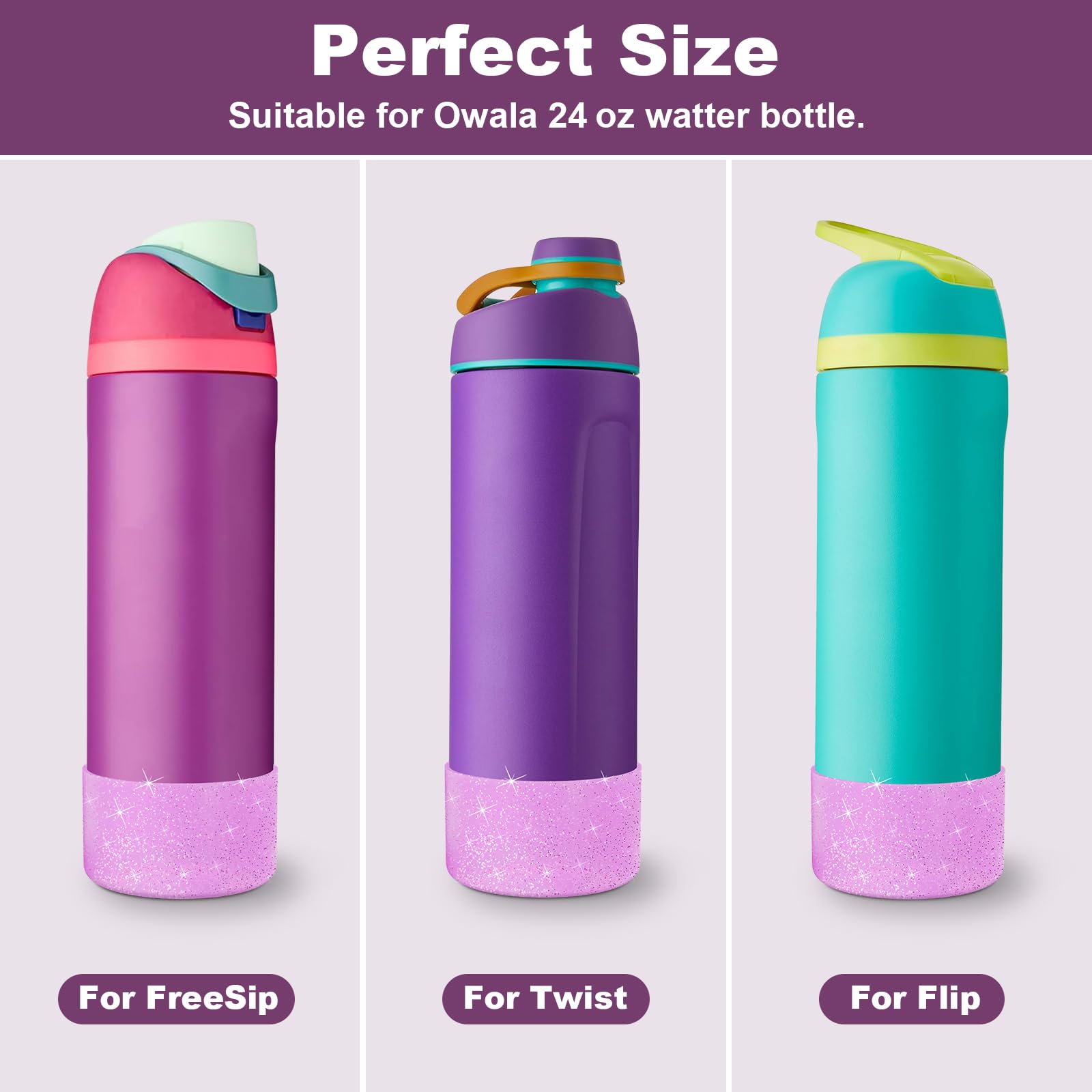 yoelike 2PCS Glitter Silicone Boot for Owala Water Bottle 24 oz, Anti-Slip Protective Sleeve for FreeSip/Twist/Flip, Bottom Bumper Cover for Watter Bottle Accessories