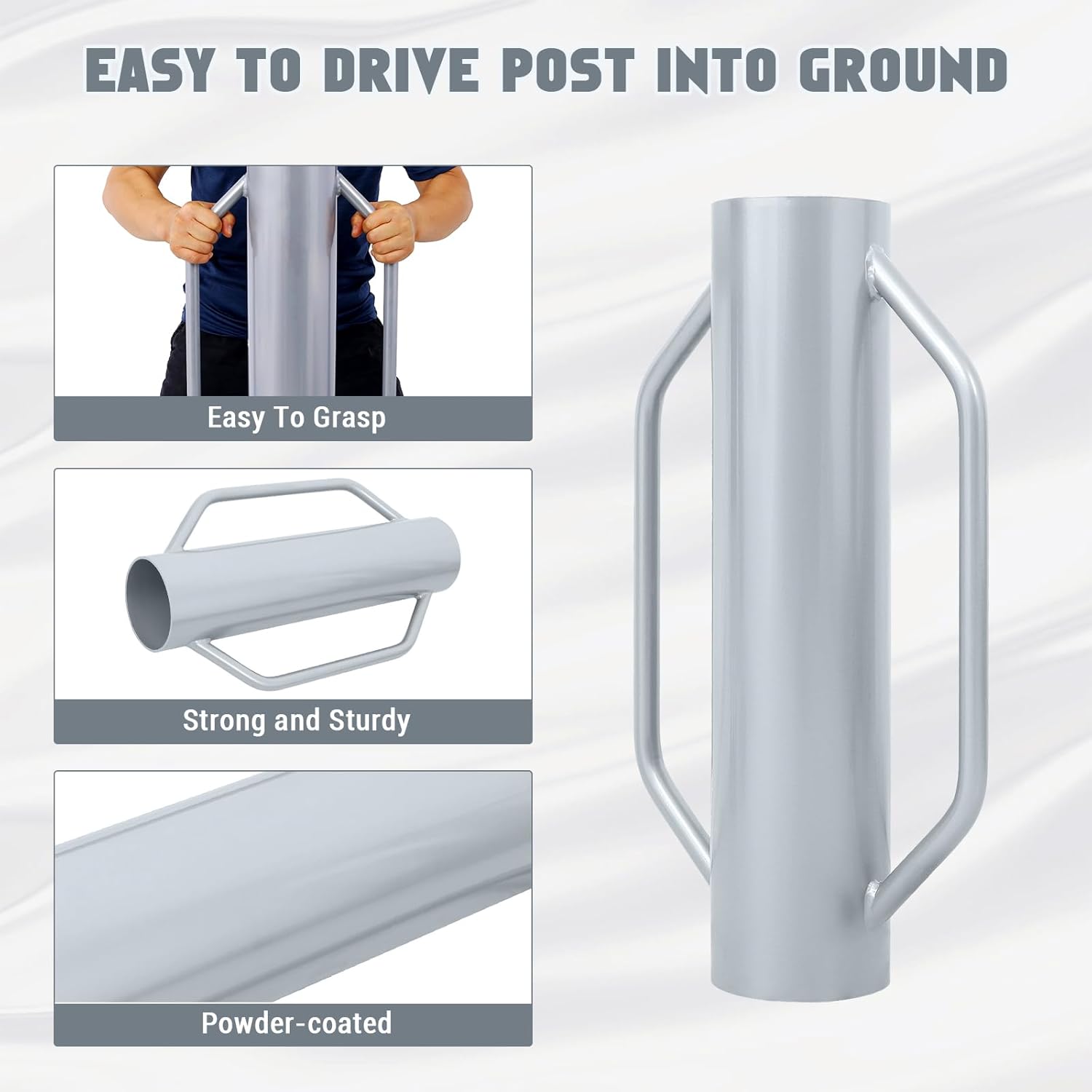 Heavy Duty Steel T Post Driver with Handles - 30 LB Manual Fence Post Rammer & Pounder Tool - For Metal, Wooden, U-Channel Posts, Garden Fencing, Landscaping, Soil Compaction - Silver Gray, 30 lbs