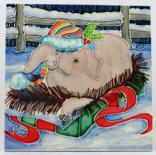 Christmas Pig Benaya ceramic art tile as if they are alive with detail bold colours a perfect decorative wall tile decorative wall tile gift purchase