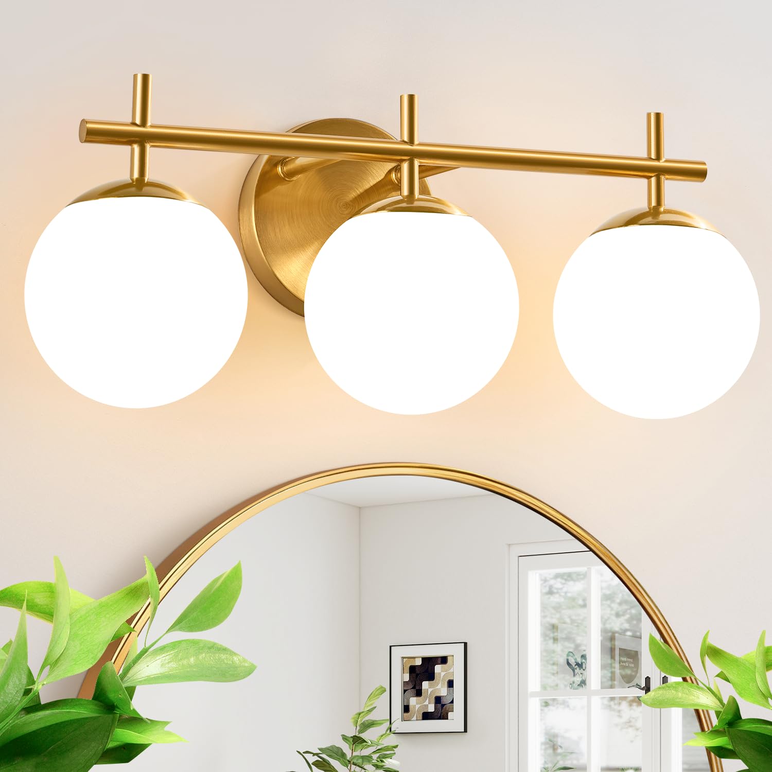 Photo 1 of 3-Light Bathroom Light Fixtures, Brushed Gold Vanity Lights for Bathroom with Milky White Glass Ball Shade, 19.3 inch Bathroom Lighting Fixtures Over Mirror, Wall Sconce for Bedroom(Bulb Not Included)