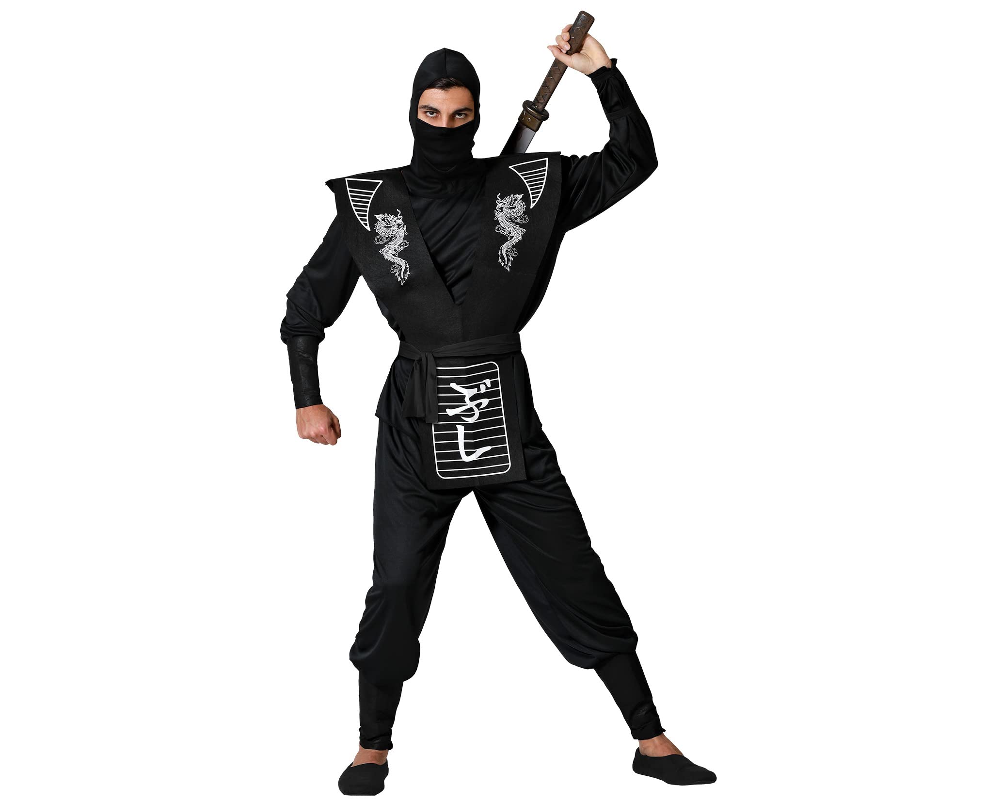 Atosa Disfraz Completo Ninja Hombre Adulto Negro Con Detalles En Plateado Asesino Sigiloso Dragón Japonés Chino Para Carnaval Halloween