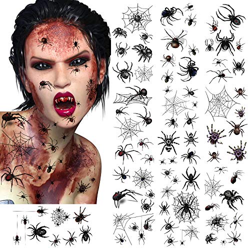 PHOGARY Tatouages Ephemere d'araignée pour costume Halloween (réalistes), Tatouage Temporaires pour adultes femme enfants maquillage horreur habillage, décalcomanies toile d'araignée noire