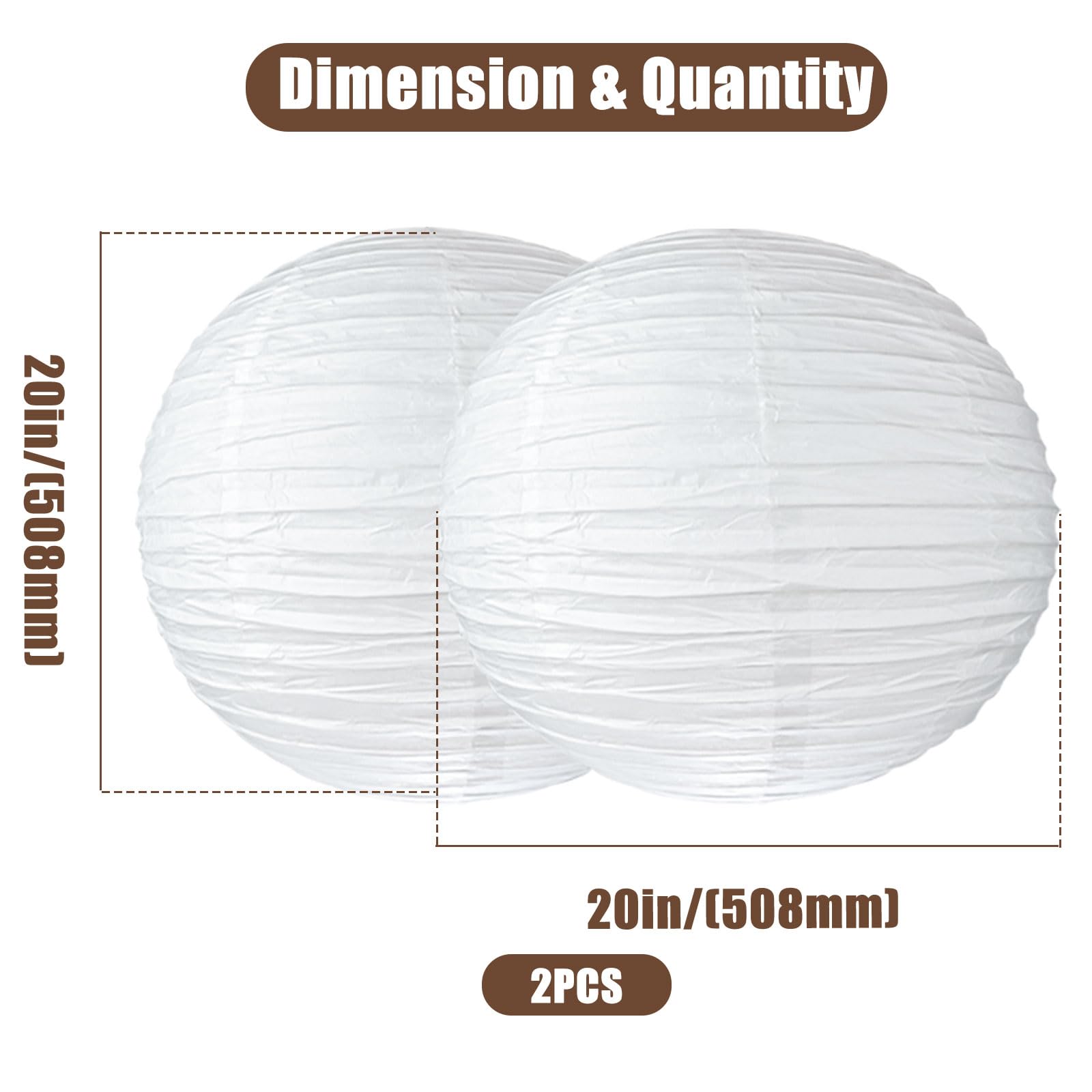 2PCS 20Inch Paper Lantern Lights, White Round Rice Paper Lamp Shades, Chinese/Japanese Paper Lantern Pendant Light for Party Decoration, Wedding, Home Decor