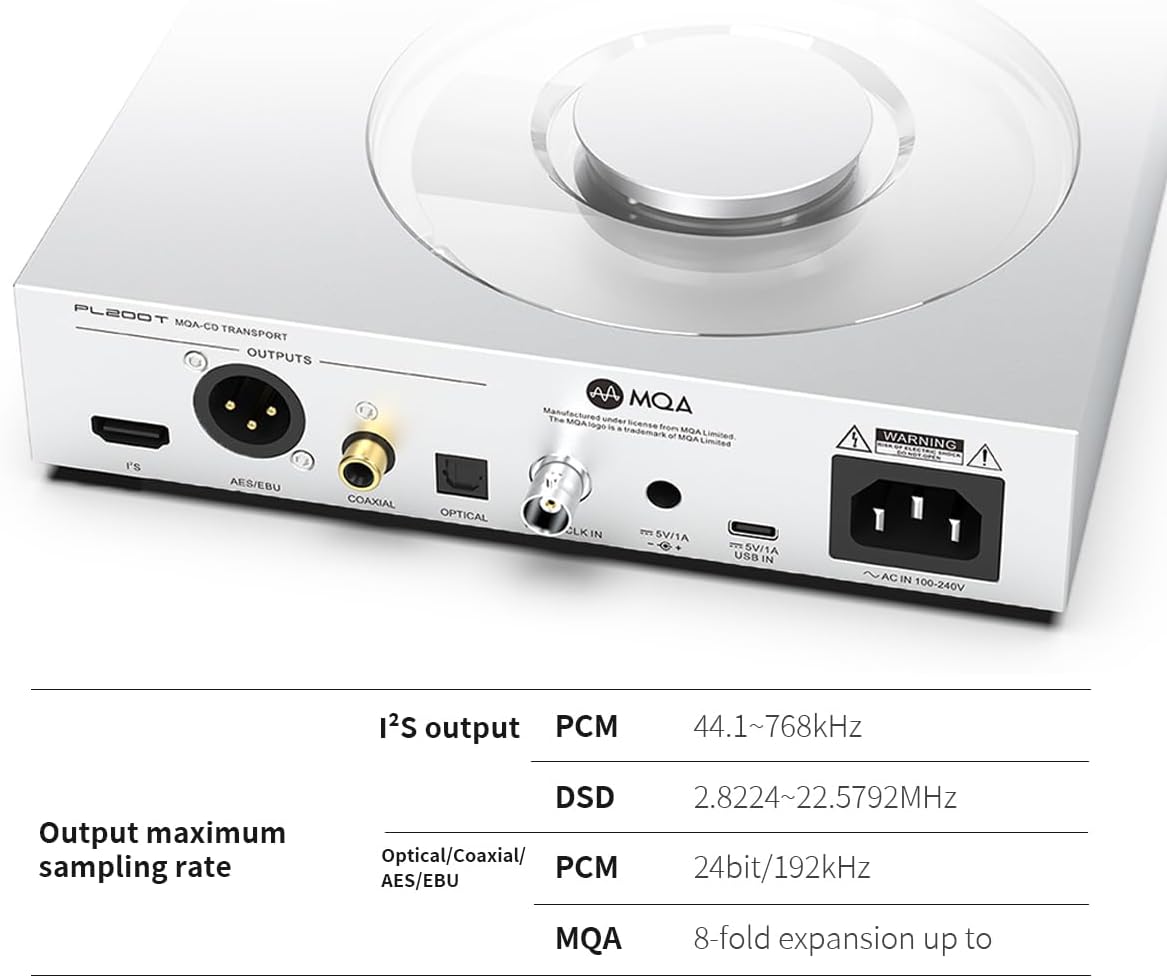 SMSL PL200T CD Player, HiFi MQA-CD Transport USB/Clock Input Optical/Coaxial/IIS/AES/EBU Output 32Bit/768kHz DSD512 P.A.S.S. System Desktop Audio Player