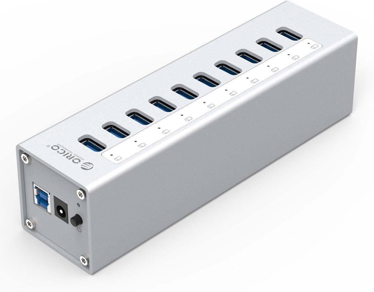 ORICO Powered 36W Aluminium 10-Port USB 3.0 Hub for Windows and Mac – Silver