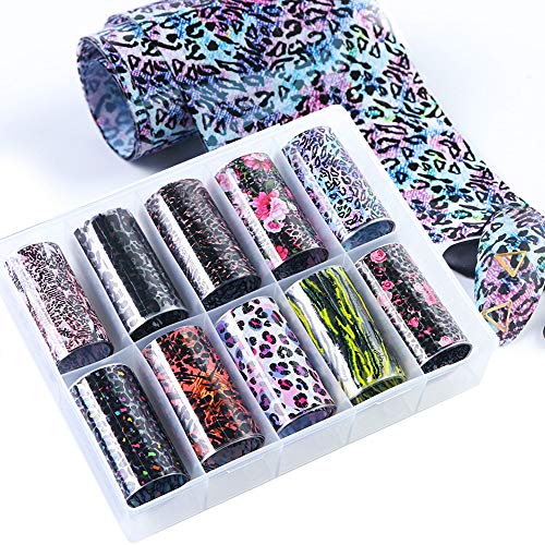 Macute Nail Foil Transfer Stickers Leopard Printed Nails Supply Foil Transfers 10 Colors Nail Art Decorations Foils Designs Decals for Women Fingernails and Toenails Decor Manicure Tips Wraps Charms