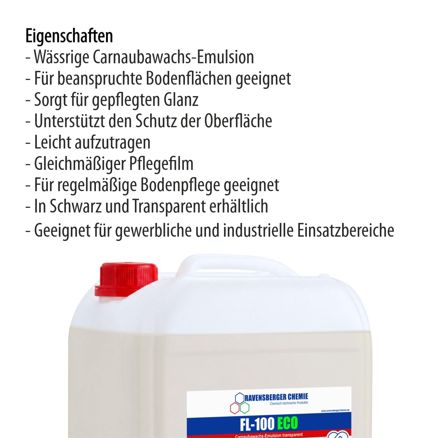 FL-100 ECO Carnaubawachs Emulsion 10 L – wässrige Wachsemulsion zur Bodenpflege, Auffrischung & Pflege geeigneter Industrie-, Werkstatt- & Gewerbeböden (Transparent)