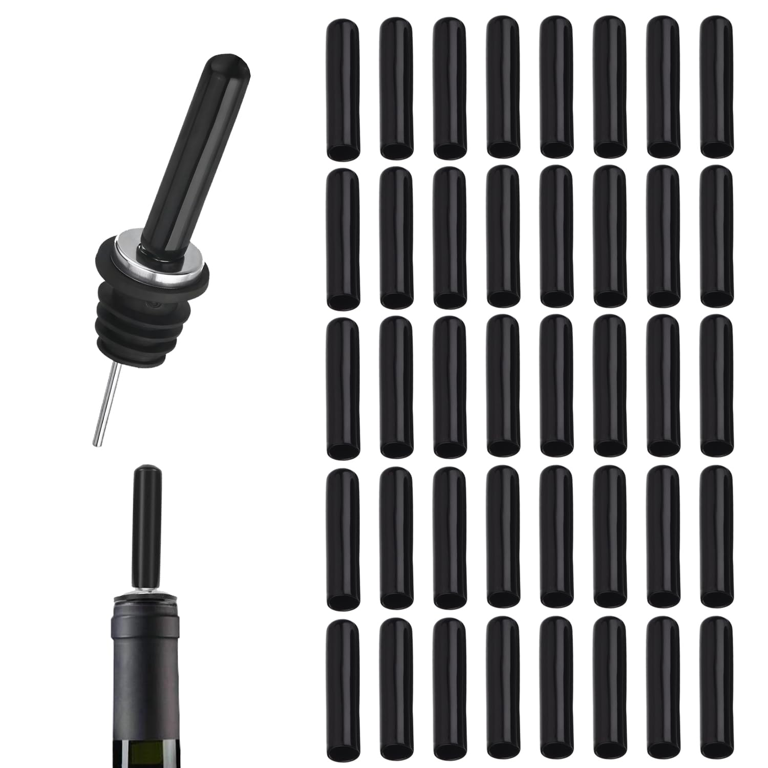 ELNX 40 Pcs Liquor Pourers Dust Covers, 5.5cm Long Liquor Pour Spouts Covers Plastic Pourer Cap Bottle Cover for Spirits Oil Pourer Tapered Spout(Black, Diameter 1cm)