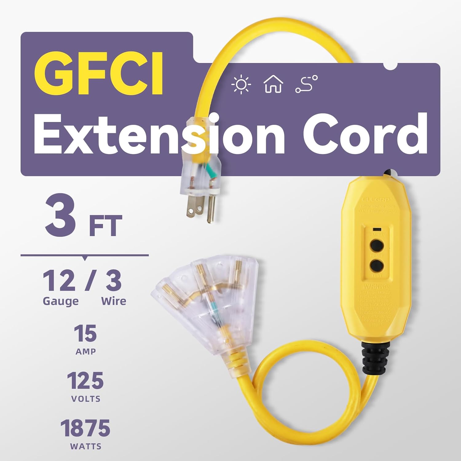 3 Foot GFCI Lighted Extension Cord with 3 Outlet Pigtail, SJTW Extension Cord with 3 Prong Grounded Plug and GFCI Adapter, Yellow, UL Listed