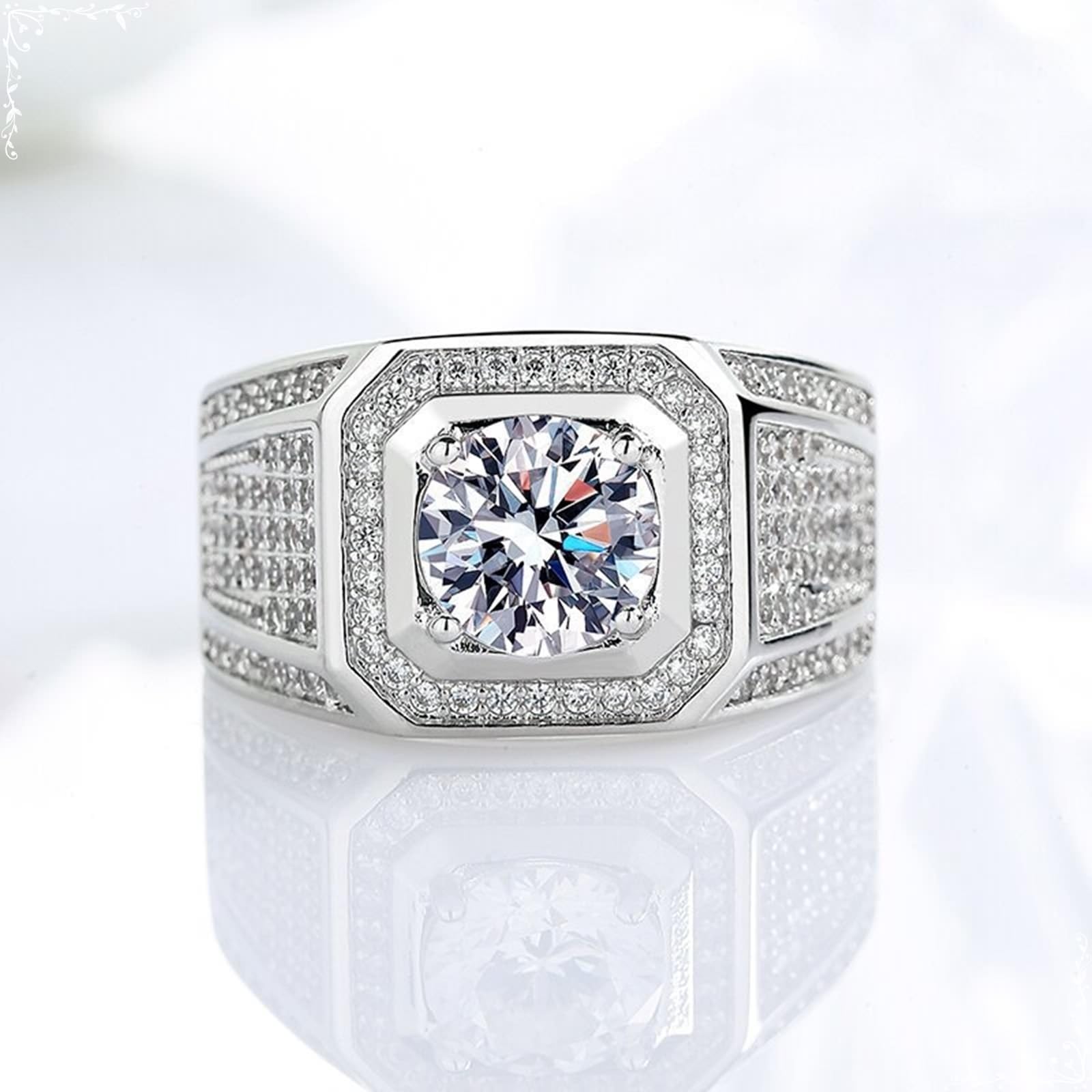 Wycian Anillo para hombre de oro blanco y mujer, plata de ley 9 K, moissanita, banda ancha con cuatro garras, tamaño 54 (17,2), moderno para madre Acción de Gracias personalizado