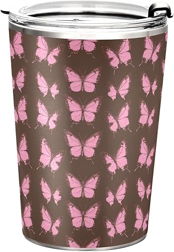 Miniatura 8 de Taza de acero inoxidable marrón mariposas con popote y pajilla, resistente a fugas, taza de café para hombres para viajes, estética, aislada, termo