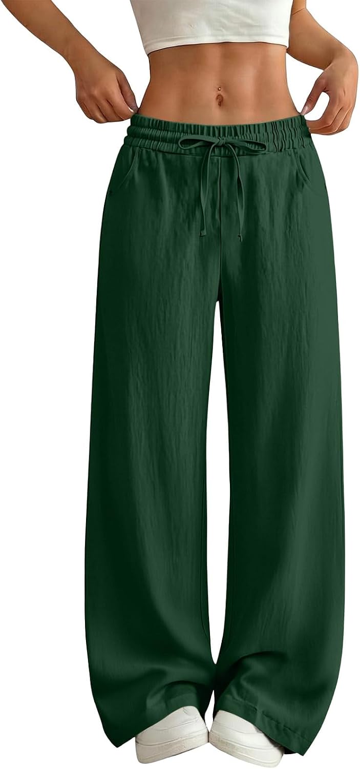 Womens Palazzo Pants Drawstring Elastic High Waist Casual Wide Leg Trousers with Pockets Solid Color Summer Pant