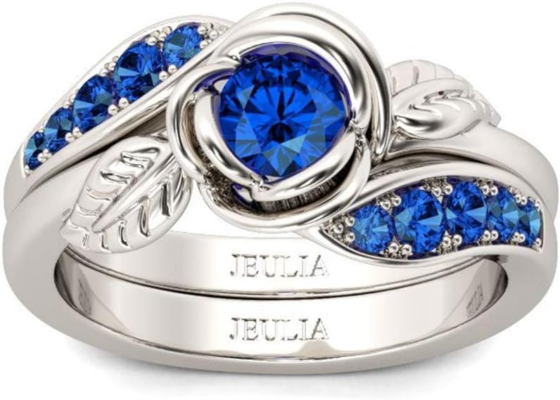 Jeulia Women 1.3 Carat Wedding Ring Set Round Cut Blue Sapphire Engagement Ring 925 Silver Promise Rings Anniversary Romanitic Jewelry Gift
