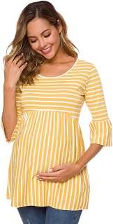 Womens Casual Maternity Tops Striped Peplum 3/4 Ruffle Sleeve Shirt Ultra Soft Pregnancy Clothing