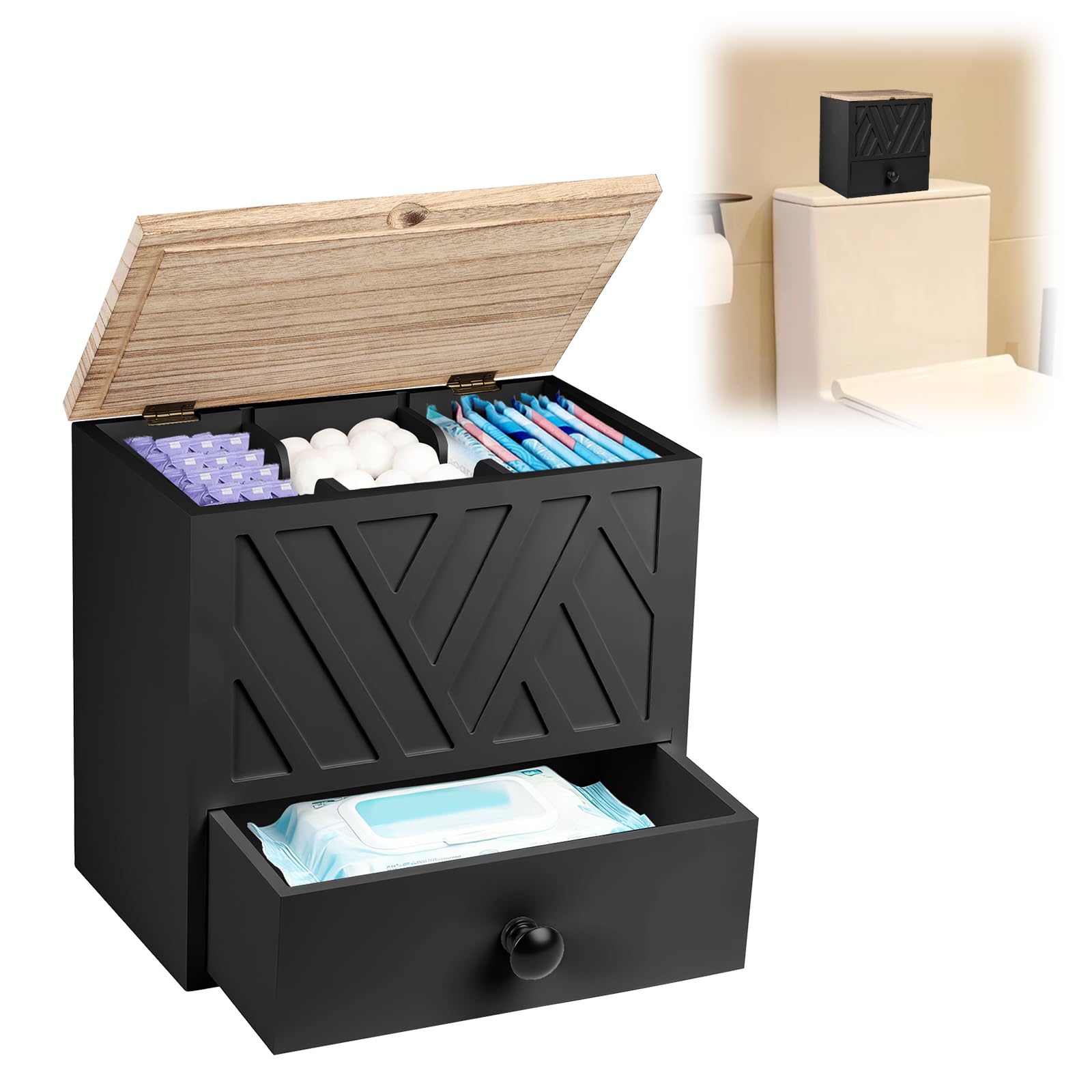 Binden Aufbewahrung Badezimmer,3 Fächer Tamponhalter mit Schubladen und Deckel,Vielseitige Tampon Aufbewahrungsbox Femininer Produkt-Organizer,Holz Aufbewahrungsbox Hygieneartikel (Schwarz)