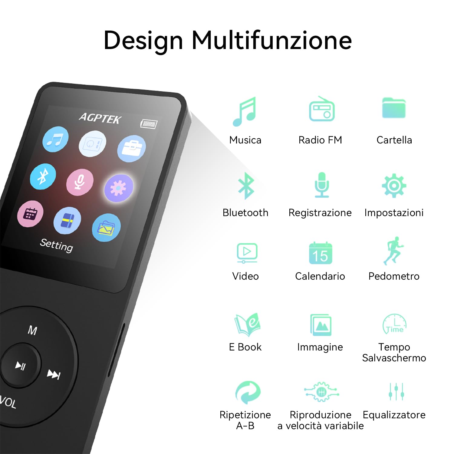 AGPTEK Lettore MP3 32GB, Bluetooth 5.3, Lettore Musicale HiFi senza Perdite con Autonomia Ultra-Lunga di 70 Ore, Portatile con Altoparlante Integrato, Radio FM e Registratore