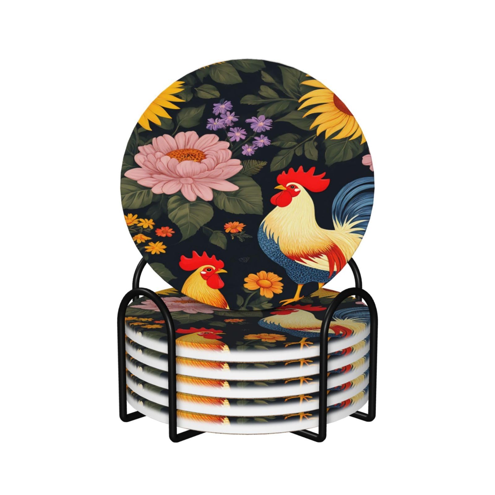 Sous-verres coq et fleurs (lot de 6) avec support pour table et bar