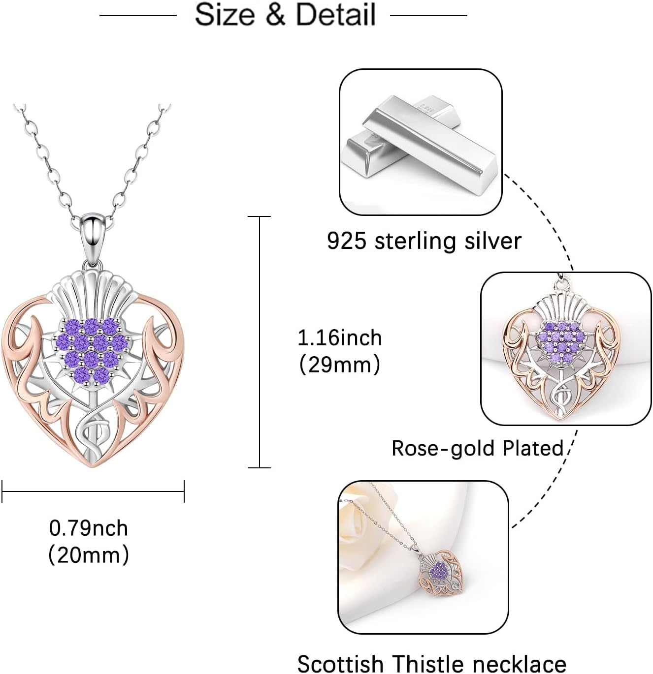 Scottish Thistle Necklaces for Women - 925 Sterling Silver Thistle Necklaces Amethyst CZ Scottish Thistle Necklaces Pendant Hypoallergenic Jewelry Gifts - Image 5