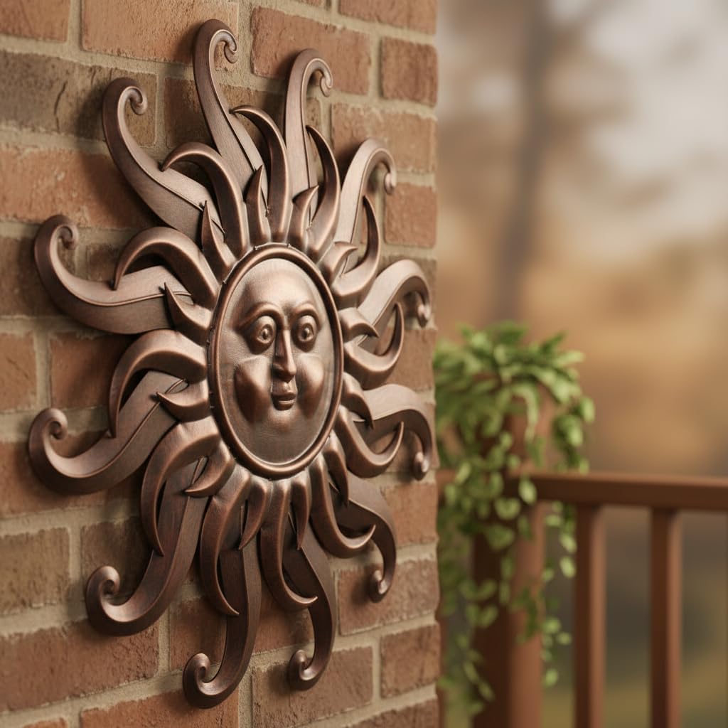 Comfy Hour 25" Bronze Metal Sun Face Wall Art, Antique Vintage Celestial Figurine Style Home Decor, Large Outdoor Garden Sculpture, Patio 3D Decor, Farmhouse Rustic,