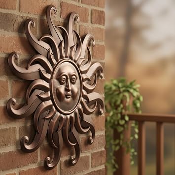 Comfy Hour 25 Bronze Metal Sun Face Wall Art, Antique Vintage Celestial Figurine Style Home Decor, Large Outdoor Garden Sculpture, Patio 3D Decor, Farmhouse Rustic,