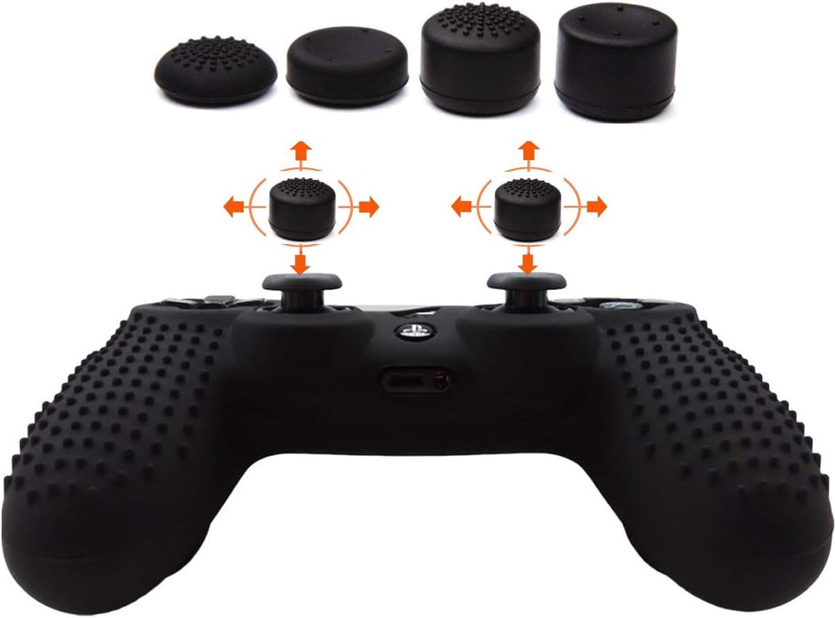 Anti-Slip Silicone Controller Cover Protective Skins for PS4/SLIM/PRO Controller with 8 Thumb Grip Caps (Black)