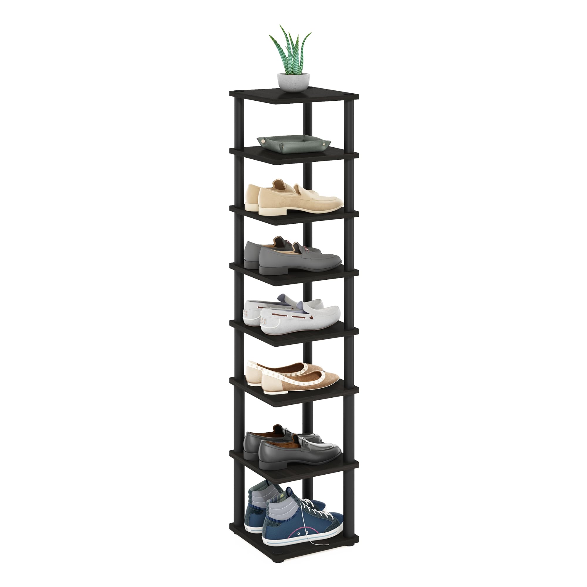 Furinno Turn-N-Tube Zapatero De 8 Niveles con Torre Vertical, 11.6 X 11.6 X 52.6, para Entrada De Armario, Oficina Y Garaje, Color Espresso/Negro