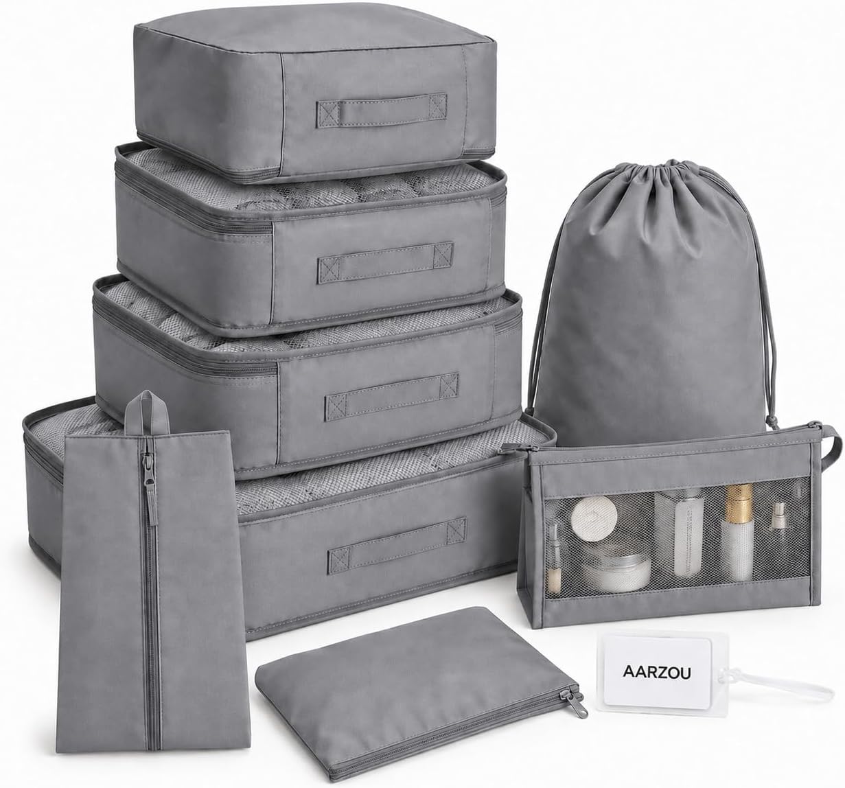Travel Organizer, 8Pcs, Grey - Waterproof Clothes Organizer with Makeup & Shoe Bag – Nylon Fabric Travel Bag - Durable Zipper, Lightweight & Tear-Resistant - Perfect for Travel (Grey)