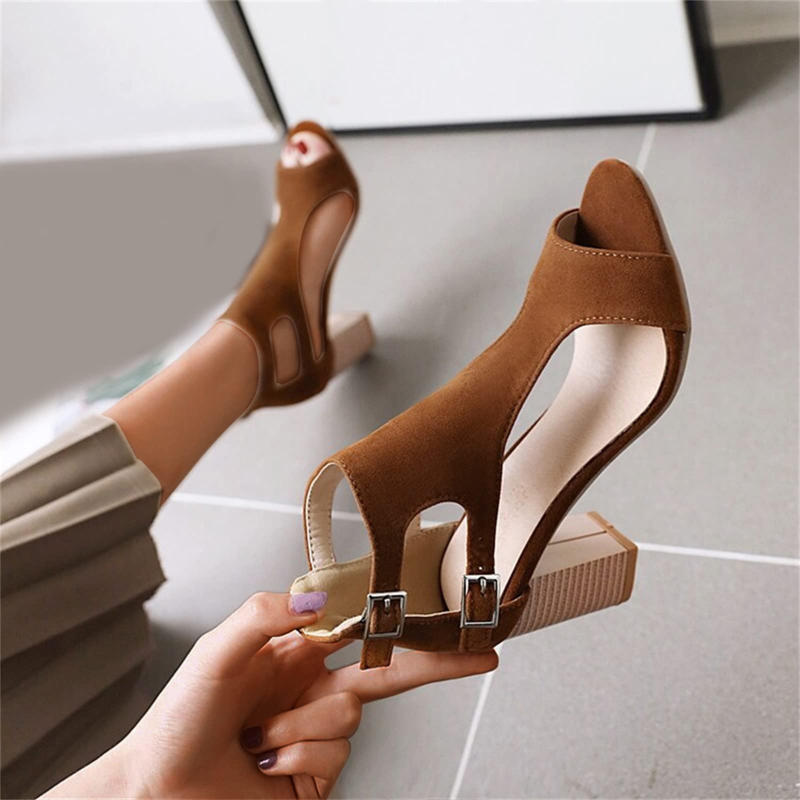 Sandali Donna Estive Zeppa Estive Plateau Comodi Sandali romani con tacco e fibbia a bocca di pesce in pelle scamosciata tinta unita donna Bassi Gioiello Scarpe Zeppa