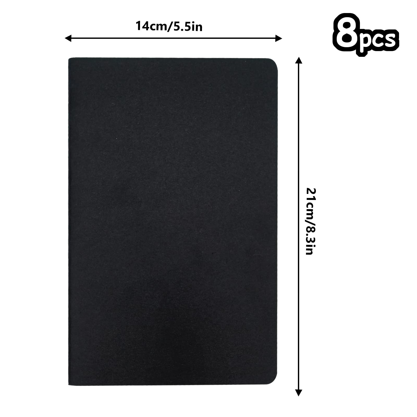 8-Częściowy Notatnik w Linie A5, Notatnik DIN A5 z Miękką Okładką, 46 Arkuszy / 92 Strony, 14x21 cm, Zestaw Notatników w Linie A5 do Notatnika PamiętnikNotatniki, Czarny