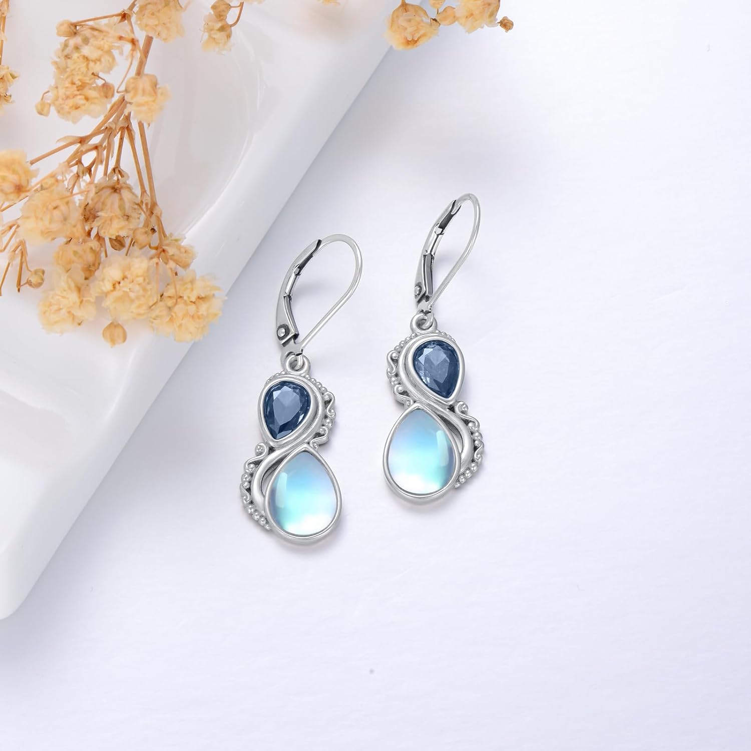 Valentine Moonstone Earrings 925 Sterling Silver Vintage Dangle Teardrop Leverback Earrings with 12 Months Birthstone Anniversary Birthday Jewelry Gifts for Women Her - Image 3