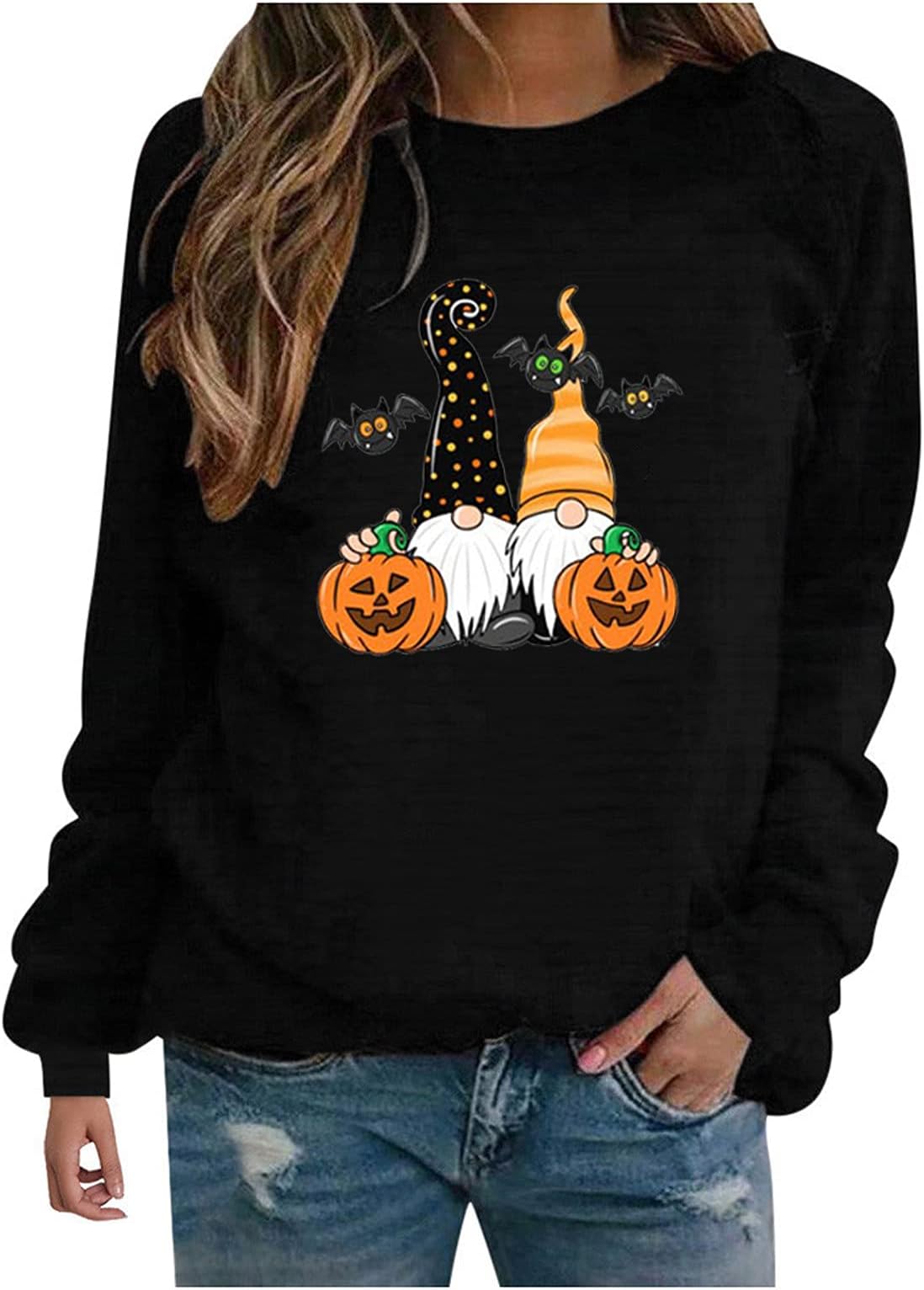 Women's Long Sleeve Top Cute Loose Little Dwarf Print Crewneck Pullover Sweatshirt Stitching Long Sleeve Sweater Tees