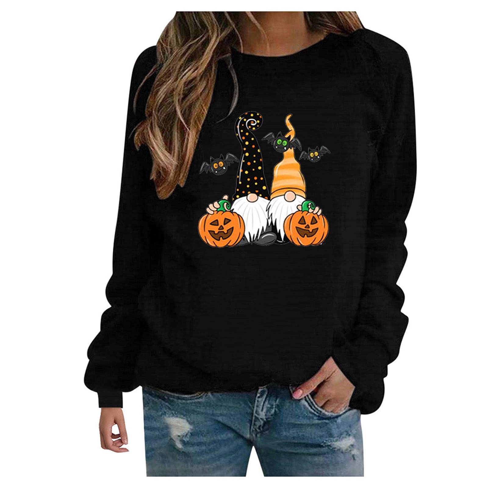 Women's Long Sleeve Top Cute Loose Little Dwarf Print Crewneck Pullover Sweatshirt Stitching Long Sleeve Sweater Tees