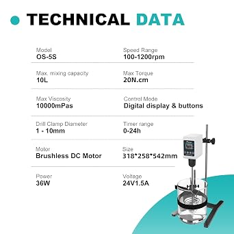 JOANLAB OS-5S Digital Overhead Stirrer, 10L, 100-1200RPM