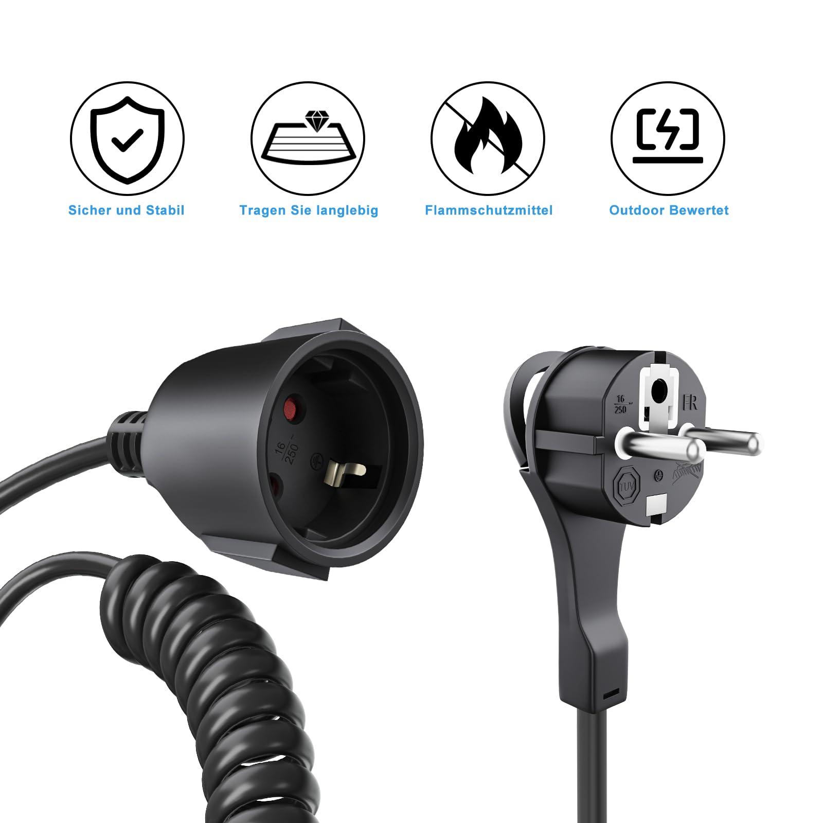 HITRENDS Cable alargador en espiral, cable de extensión de 10 m, cable en espiral de protección de contacto, extensible de 10 m Max, 3 x 1,0 mm², IP44, cable en espiral para familia, uso comercial