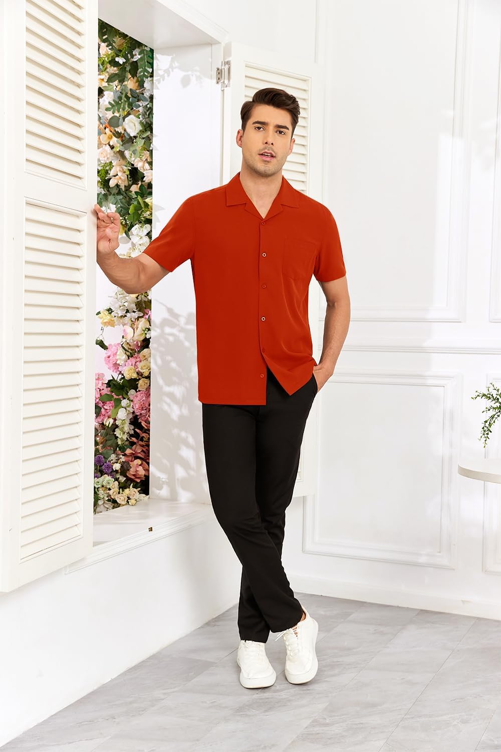 Men's Short Sleeve Button Down Shirt Cuban Collar Anti-Wrinkle Shirt Casual Summer Beach Shirt - Image 3