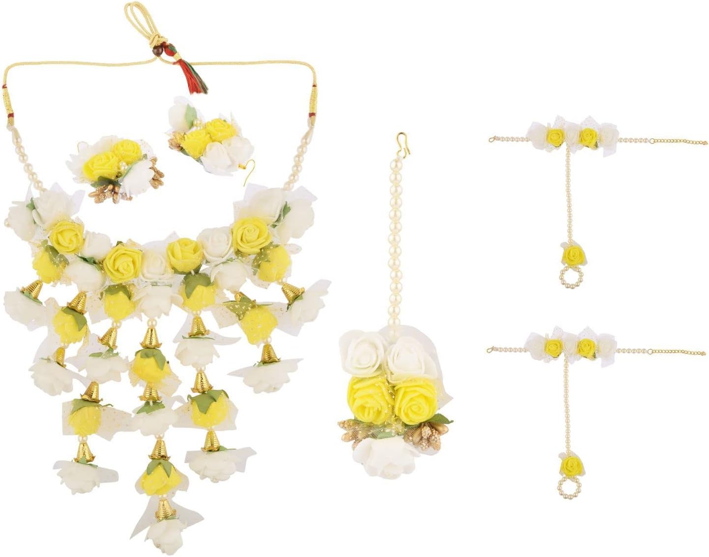 Efulgenz Indian Floral Haldi Mehandi Jewelry Set for Women Necklace Earrings Maangtikka Bracelet Set Flower Haldi Mehandi Jewelry Bollywood Bridal Wedding Jewelry